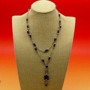 Art Deco Style Black Bead Necklace Silver-tone Clear Stone Station 2 Row Layered